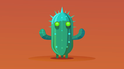 Cartoon cactus character with glowing green eyes and raised arms on orange background