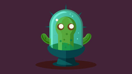 Cartoon cactus alien character inside a glass dome on a dark purple background