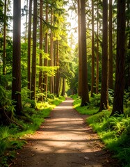Fototapeta premium Sunlit path through a dense forest of tall trees, lush green undergrowth