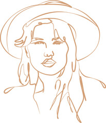 Line Art Portrait of Woman in Wide Brimmed Hat on Black Background