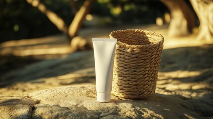 a white tube of sunscreen out of a bag on a warm background