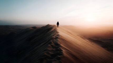 Lone figure silhouetted on a narrow sand dune ridge at sunset casting a long shadow