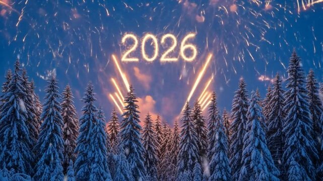 New Year Celebration with Fireworks Lighting Up the Night Sky Over a Snowy Forest in 2026