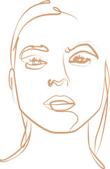 Minimalist Line Art Portrait of Woman Face with Brown Outline on Black Background