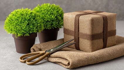 A decorative gift box, craft supplies, and miniature plants arranged on a gray surface.