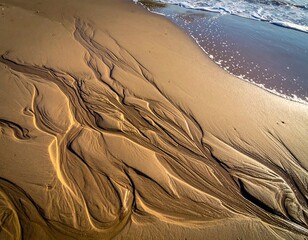 Sunlit sand patterns etched by receding waves on a beach