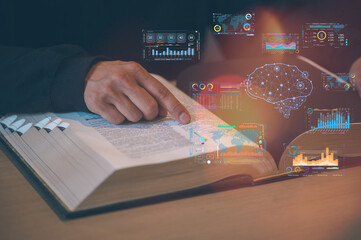Close-up of businessman reading text book with data chart overlay graphs, statistics, and book, symbolizing financial analysis, education, research, stock market, investment, and business strategy.