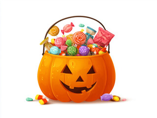 Bucket Halloween Pumpkin Filled with Colorful Candies and Sweets