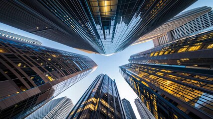 Looking up at glass skyscrapers in modern city, dramatic architecture scene perfect for business, urban lifestyle, corporate branding, and futuristic design concepts. - Powered by Adobe