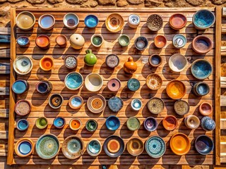 Drone View: Minimalist Artisan Ceramics Display on Wood – Cultural Heritage