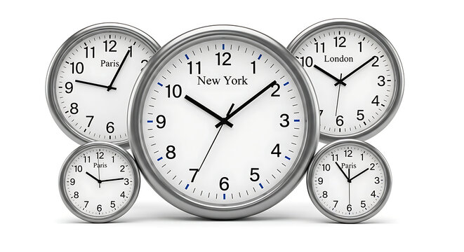 Group of five clocks showing different times and locations