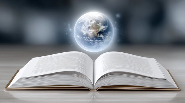Open book with globe above symbolizes knowledge and global awareness