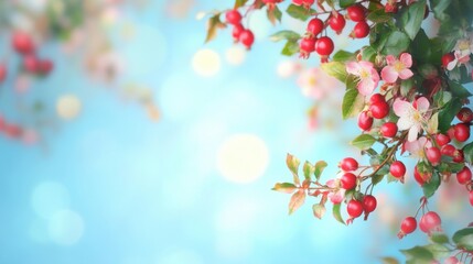 Fototapeta premium Delicate apple blossoms and vibrant red crabapples against a dreamy azure backdrop