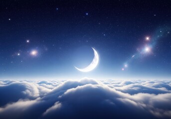 Fototapeta premium Dreamy Night Sky Above Clouds with Bright Crescent Moon and Sparkling Stars