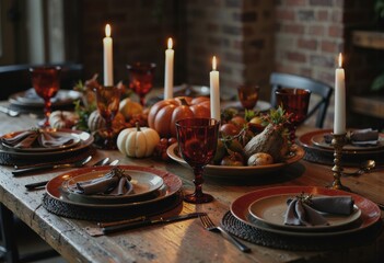 Thanksgiving dining setup featuring elegant place settings and seasonal decor