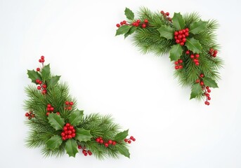 Christmas Holly and Pine Branches with Red Berries on White Background - Festive Holiday Decoration and Border Design with Copy Space