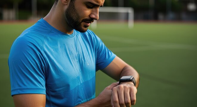 Determined athlete checks his smartwatch after intense workout, tracking fitness progress on a vibrant green field, showcasing dedication and modern training techniques