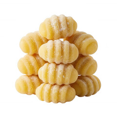 Stacked golden gnocchi dusted with flour isolated on a transparent background pasta food