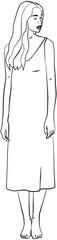 Outline Illustration of a Woman Standing with Long Hair in a Simple Dress Profile View against Transparent Background
