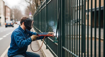 Welder Repairing a Metal Fence on a City Street.