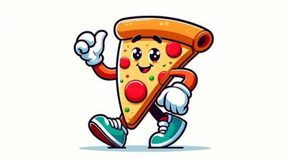 Naklejka premium Whimsical Pizza Slice Character Walking with a Smile and Giving a Thumbs Up Gesture