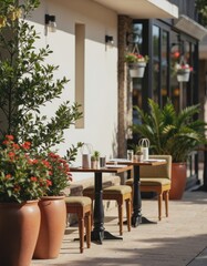 Fototapeta premium Outdoor dining area in a hospitality complex with inviting seating and greenery
