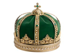 Green crown with gold trim and jewels isolated on a transparent background 