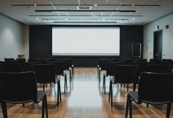 Lecture hall arrangement featuring seating and presentation equipment