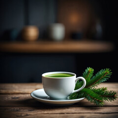 Fototapeta premium Matcha tea on a wooden table against the aesthetic background of a rustic kitchen or cafe interior in a soft focus, rustic style. A green branch of a fir tree creates a festive atmosphere. 