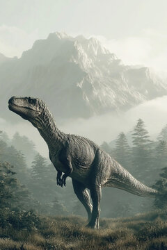 Afrovenator stands majestically in a prehistoric forest with towering mountains in the backdrop