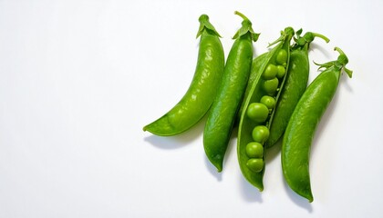 Five fresh green pea pods arranged on a white background, with one pod open to reveal round green peas inside, highlighting natural texture, vibrant color, and botanical simplicity.