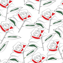 Seamless pattern with outlined draw of a rose in minimalist style