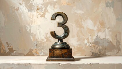 Metallic sculpture of the number "3" with a slightly aged finish, mounted on a marbled square pedestal and set against a textured beige and cream-toned wall, evoking a sense of elegance, symbolism, an