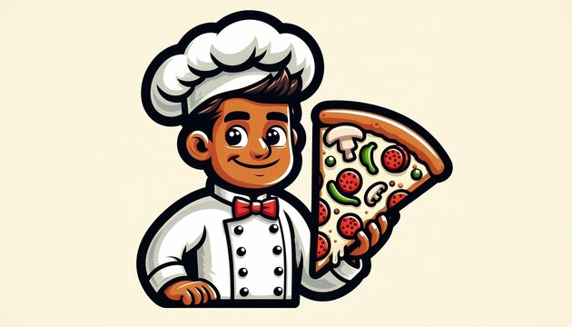 Cheerful cartoon chef with pizza offers a slice in a vibrant and inviting graphic style