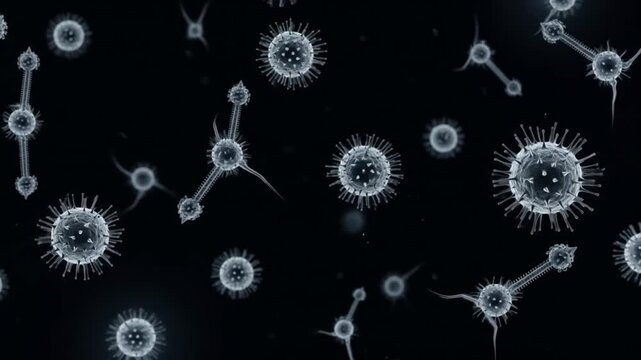 Microscopic view of various microorganisms floating in a dark environment, showcasing their unique structures and forms