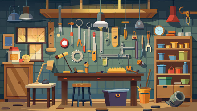 Illustration of a workshop with tools and equipment