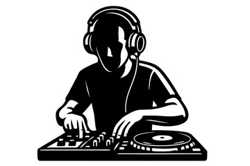 Dj mixing music on turntables wearing headphones