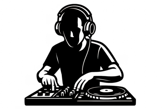 Dj mixing music on turntables wearing headphones