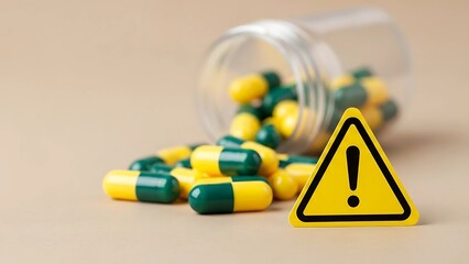 A triangular warning sign beside a spilled bottle of yellow and green medicinal capsules, illustrating pharmaceutical hazards and drug safety