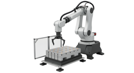 Industrial robotic arm manipulating objects in factory setting for automation and manufacturing