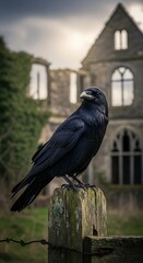 Raven Perched on Fence, Historic Ruin Background.