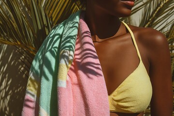 Close-up of a woman in a yellow bikini top with a pastel striped towel over her shoulder, palm leaf shadows on skin, summer vacation and tropical lifestyle concept.