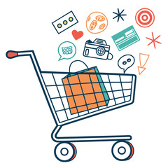 Shopping Cart with Fresh Fruits and Vegetables Illustration