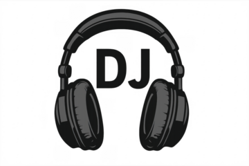 Dj wordmark between headphones on transparent background