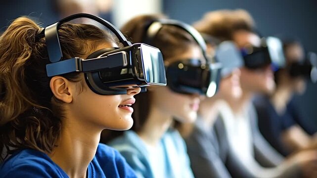 Row of young students wearing virtual reality headsets during an interactive lesson, engaging with immersive educational technology for a futuristic learning experience in a modern classroom