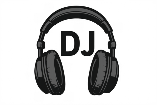 Dj wordmark between headphones on transparent background