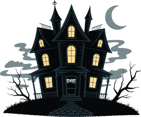 Creepy haunted house illustration with glowing windows, spooky Halloween mansion at night, dark gothic architecture, eerie scary building vector artwork