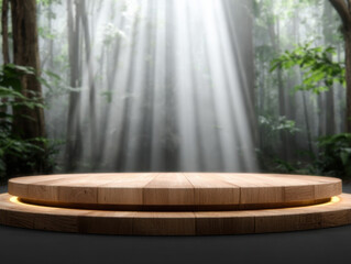 Fototapeta premium Wooden Platform in the Enchanted Forest: A rustic wooden platform stands in a mystical forest, bathed in ethereal light, perfect for displaying products or creating a captivating presentation.
