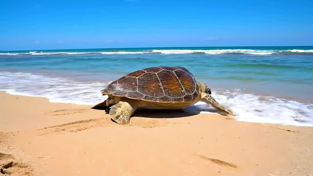 A majestic sea turtle crawls across a golden sandy beach, making its journey back to the tranquil blue ocean on a sunny day