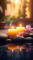 Warm Candles on Dark Stones with Pink Flowers and Water Reflection Calm Ambience